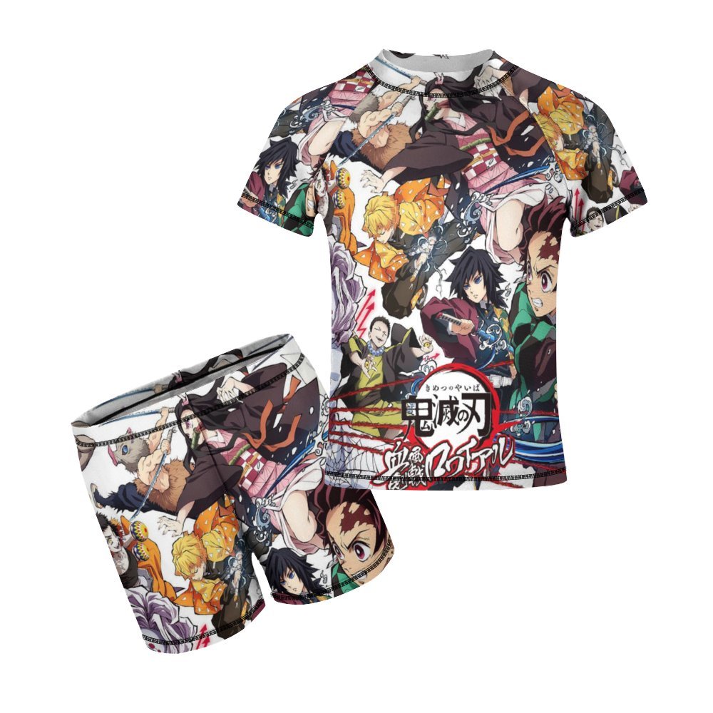 Demon Slayer Boys 2-Piece Swimsuit Set, Short Sleeve Rash Guard \u0026 Swim Trunks